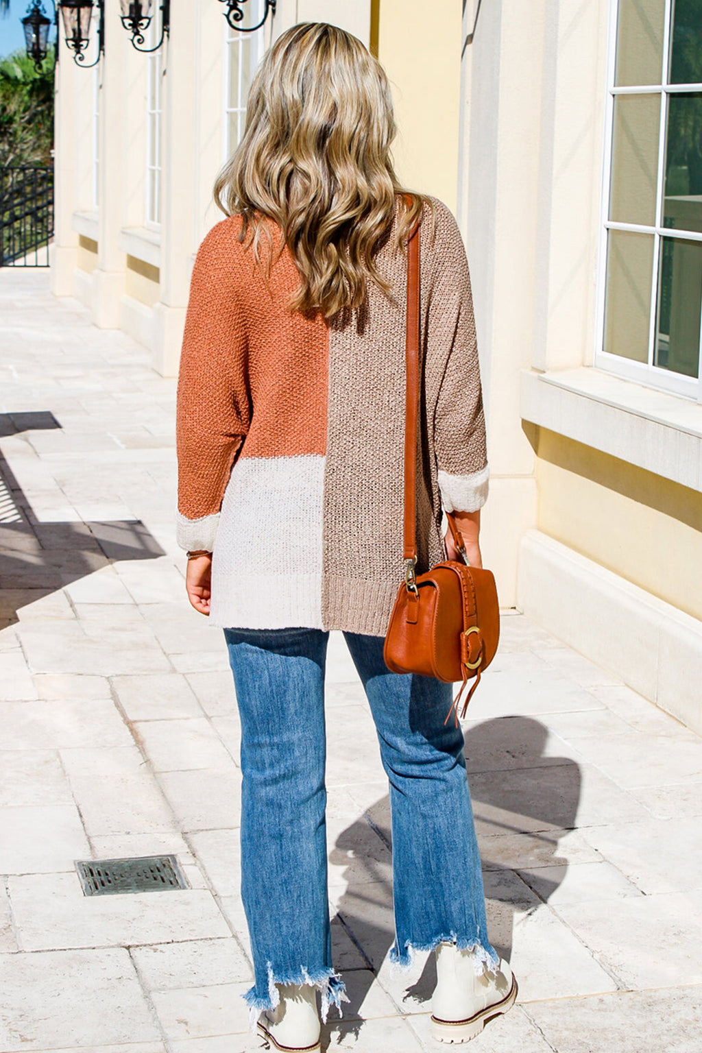 Chestnut Color Block Knit V Neck Loose Sweater