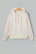 Beige Solid Color Textured Sleeve Patchwork Half Zip Hoodie