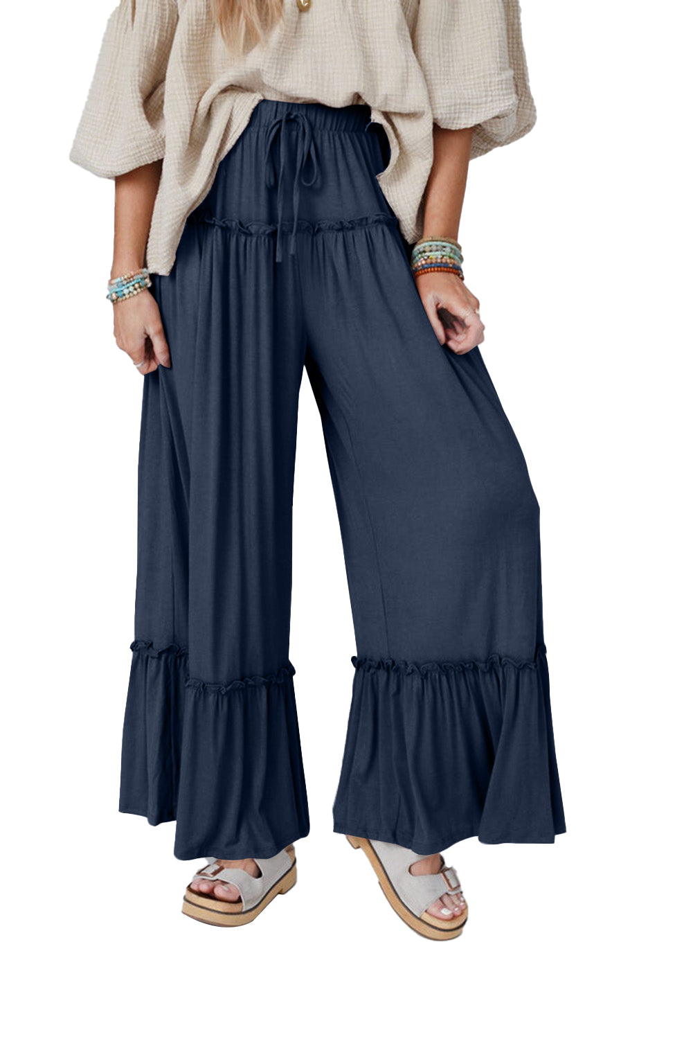 Navy Blue Frilled Drawstring High Waist Wide Leg Pants