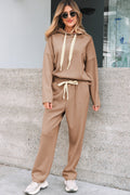 Casual Lace Drawstring Pullover Hoodie and High Waist Pants Corduroy Suit