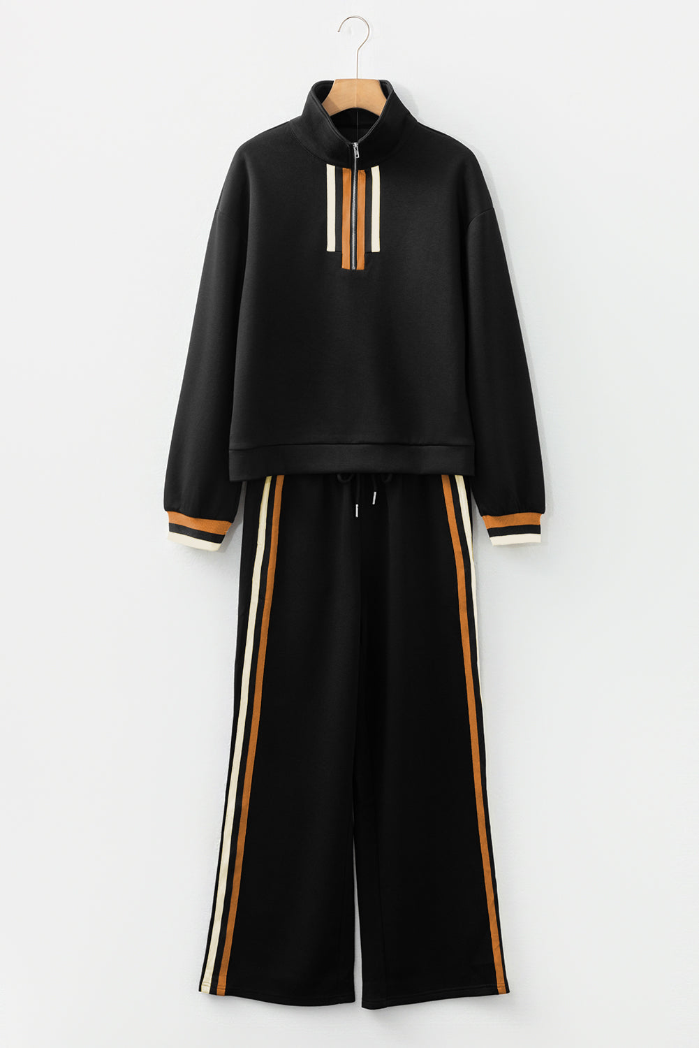 Black Striped Patchwork Quarter Zip Pullover Loose Pant Set