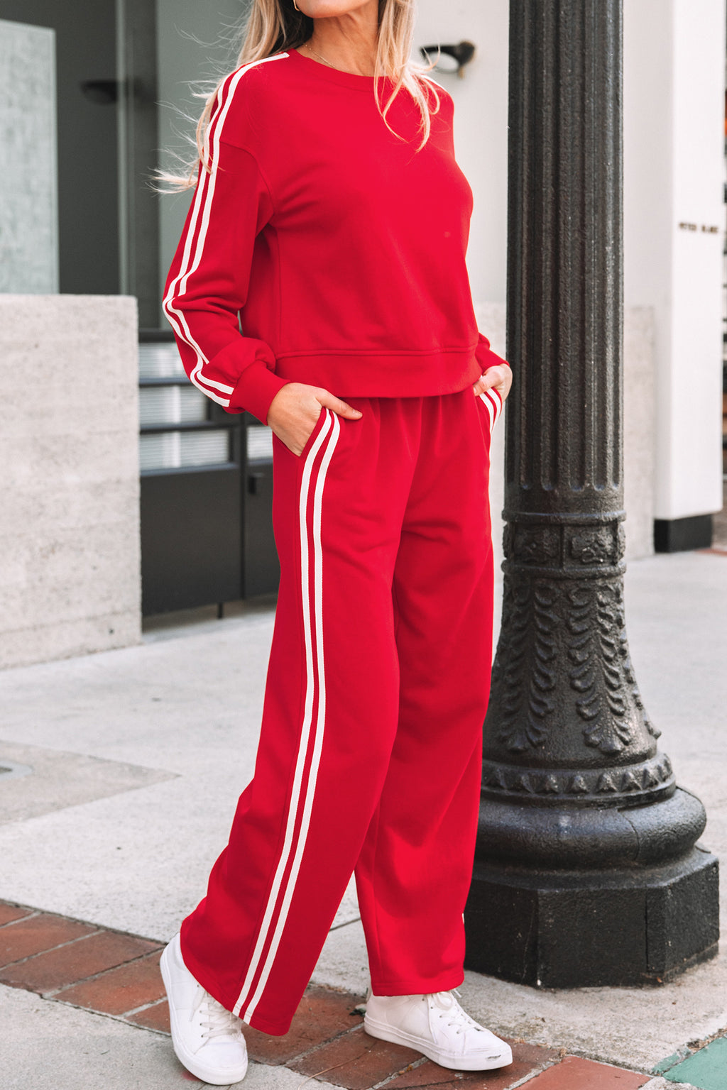 Fiery Red Varsity Striped Detail Crewneck Pullover Elastic Sweatpants 2pcs Outfit