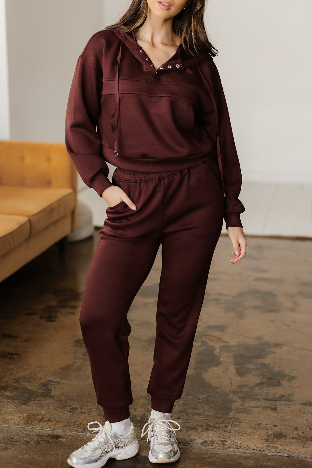 Chicory Coffee Button Drawstring Cropped Hoodie Jogger 2pcs Set