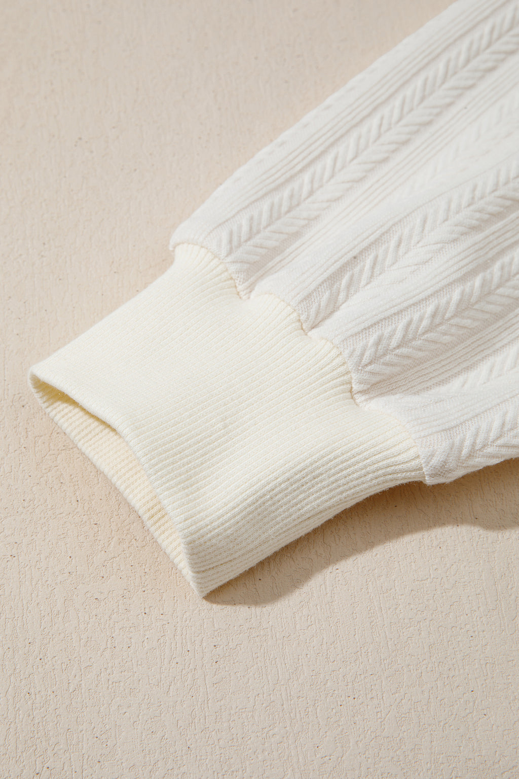 Beige Solid Color Textured Sleeve Patchwork Half Zip Hoodie