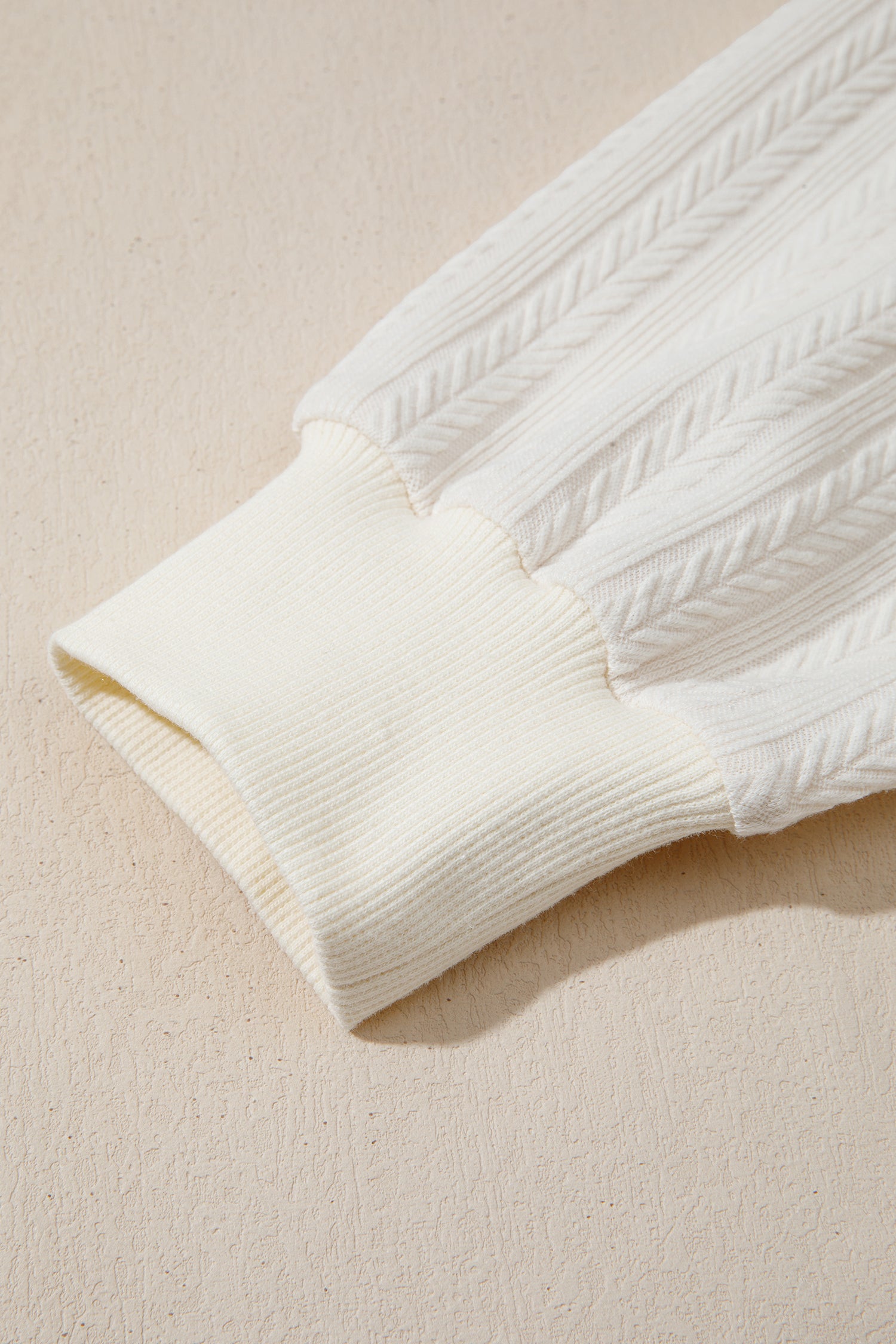 Beige Solid Color Textured Sleeve Patchwork Half Zip Hoodie