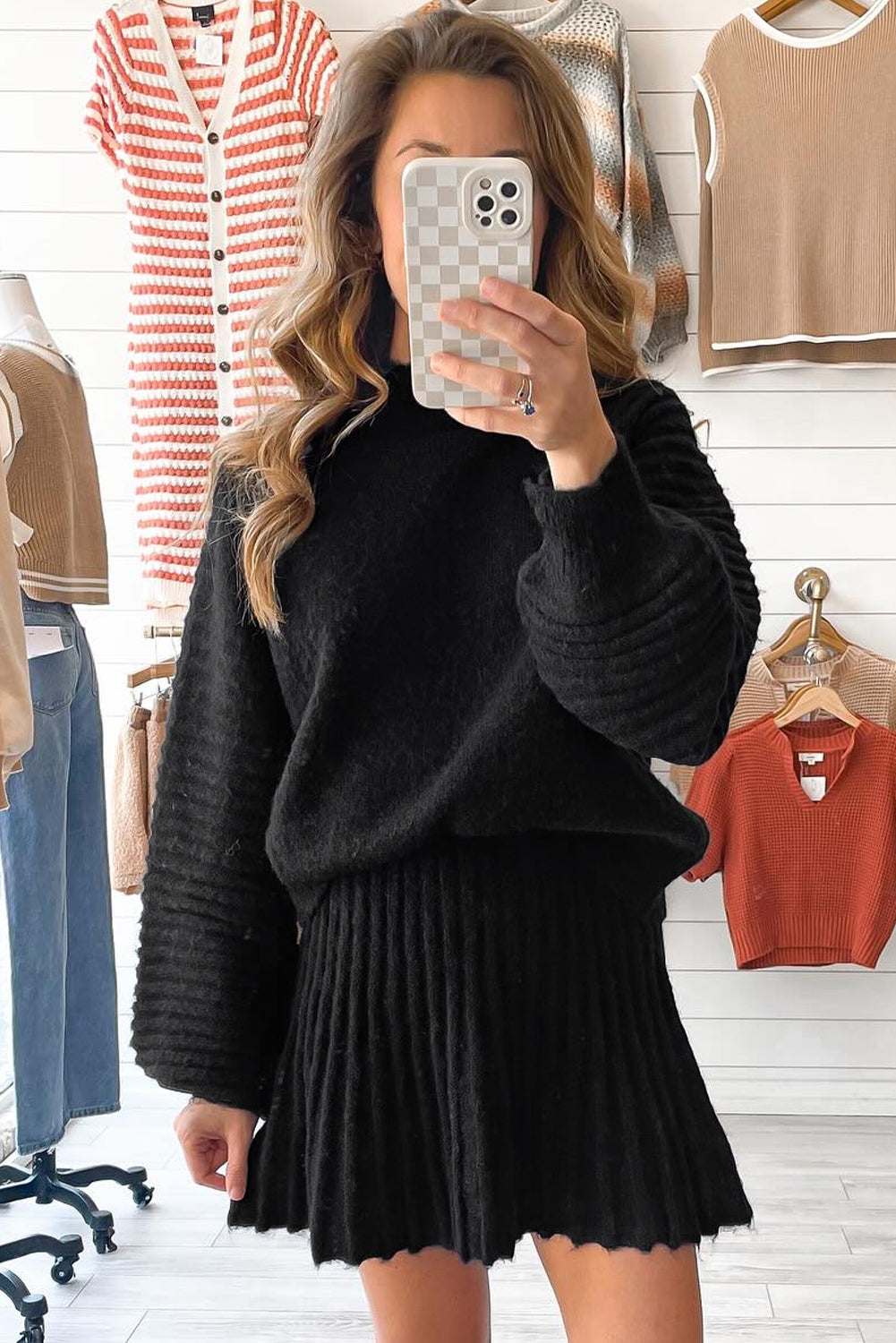 Black High Neck Puff Sleeve Sweater Pleated Mini Skirt 2pcs Knitted Outfit