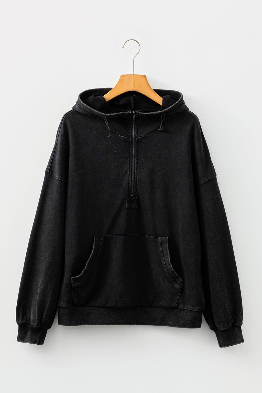 Black Half Zip Kangaroo Pocket Mineral Wash Baggy Hoodie