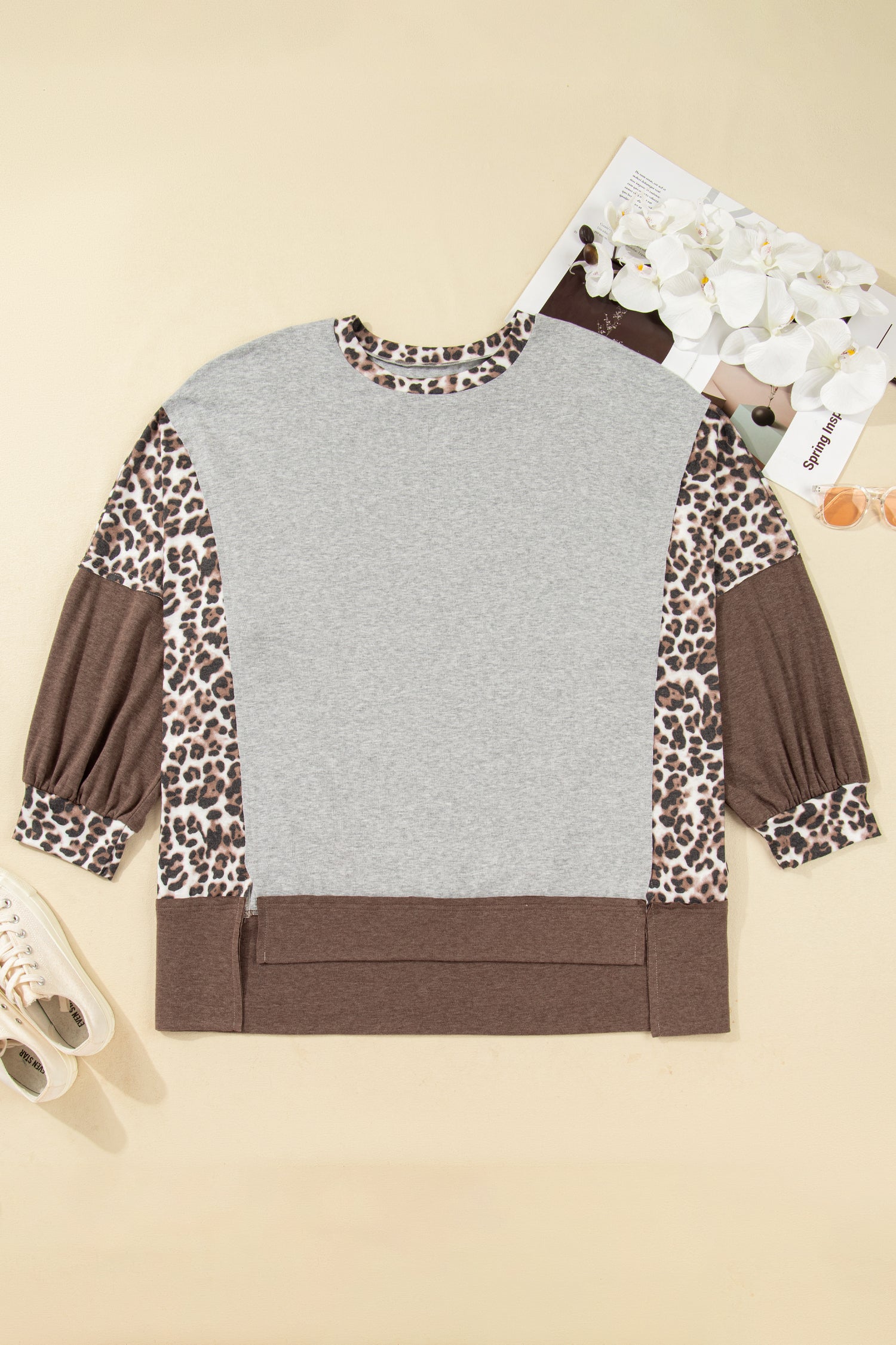 Gray Plus Size Leopard Color Block Patchwork Dolman Sweatshirt
