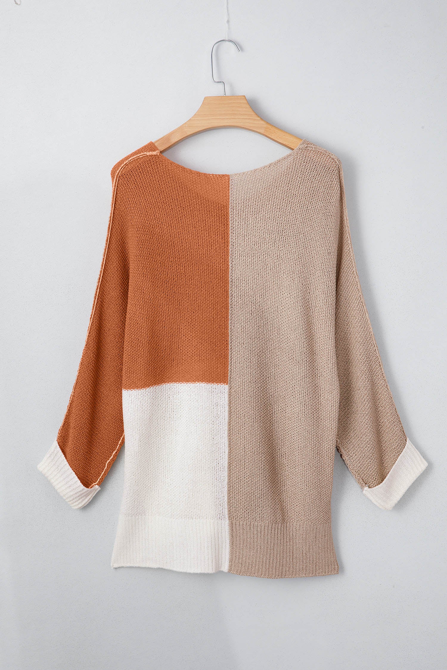 Chestnut Color Block Knit V Neck Loose Sweater