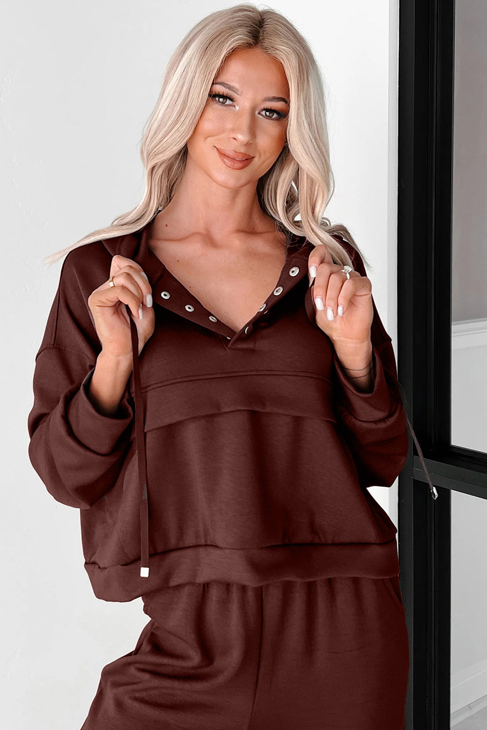 Chicory Coffee Button Drawstring Cropped Hoodie Jogger 2pcs Set