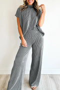 Dark Grey Twisted Ribbed High Neck Loose Tee Elastic High Waist Loose Pant Set