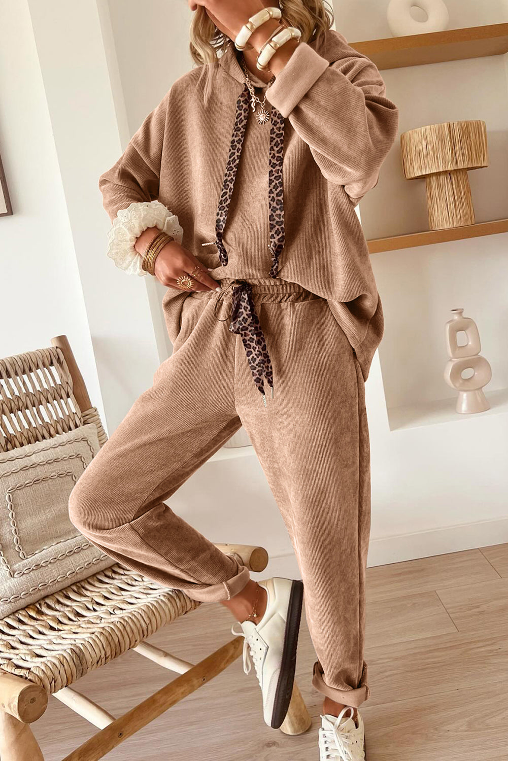 Dark Khaki Leopard Drawstring Pullover Hoodie and High Waist Pants Corduroy Suit
