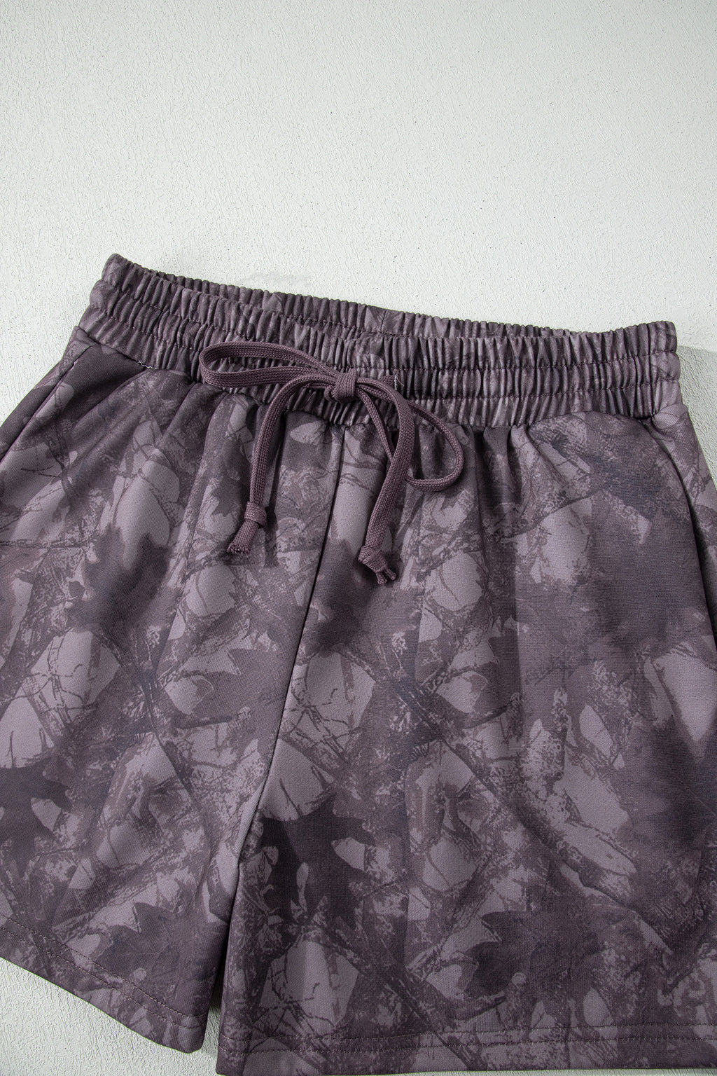 Brown Abstract Woodland Camo Print Baggy Pullover Drawstring Shorts Set